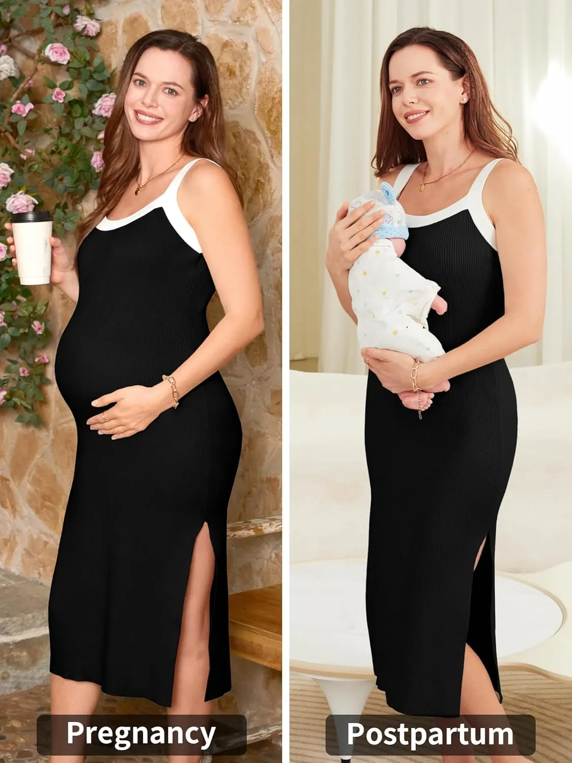 V FOR CITY Maternity Dresses Sleeveless Rib Knit Slit Baby Shower Dress Casual Square Neck Bodycon Pregnancy Outfits