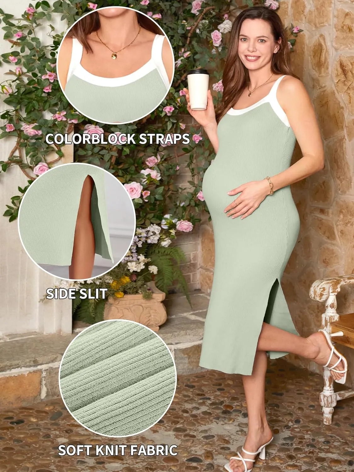 V FOR CITY Maternity Dresses Sleeveless Rib Knit Slit Baby Shower Dress Casual Square Neck Bodycon Pregnancy Outfits