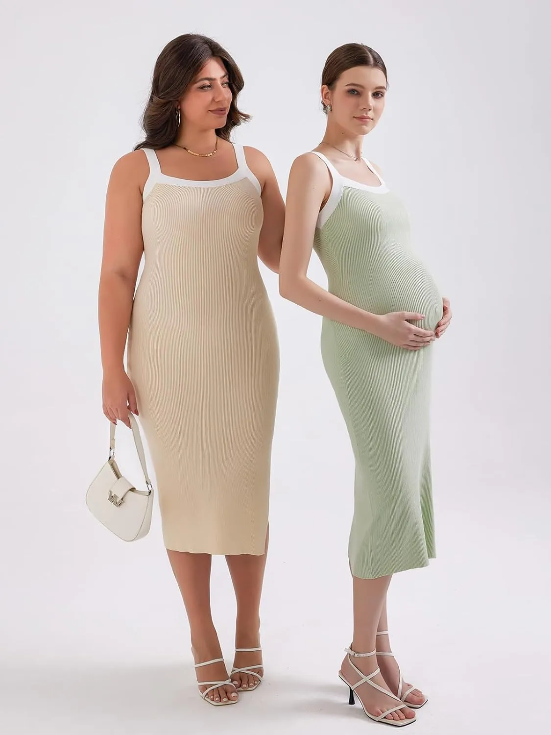 V FOR CITY Maternity Dresses Sleeveless Rib Knit Slit Baby Shower Dress Casual Square Neck Bodycon Pregnancy Outfits