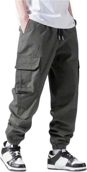 Verdusa Men's Cargo Pants Elastic Wasit Workout Joggers Tactical Pro Club Sweat Bottoms with Pockets
