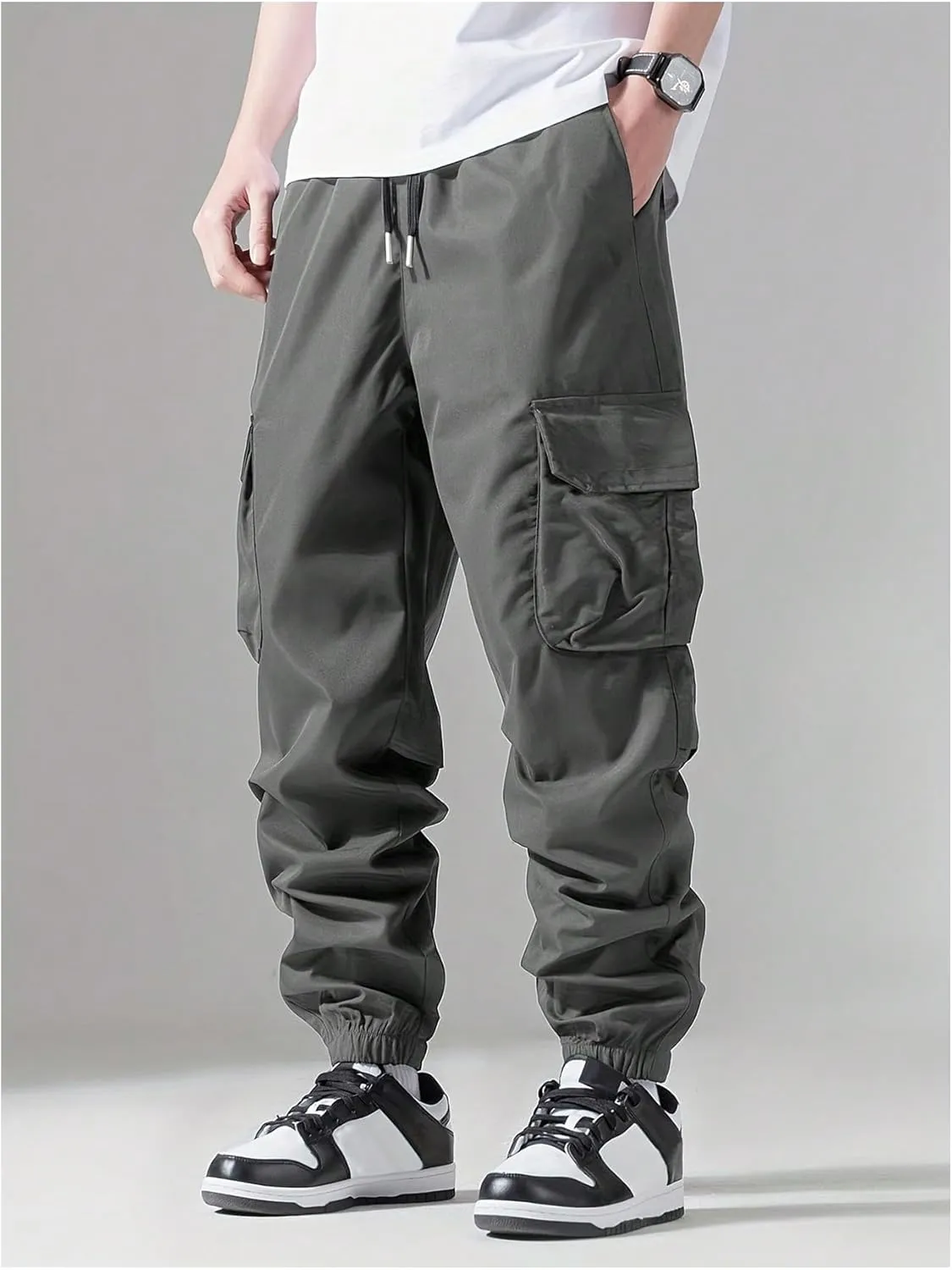 Verdusa Men's Cargo Pants Elastic Wasit Workout Joggers Tactical Pro Club Sweat Bottoms with Pockets