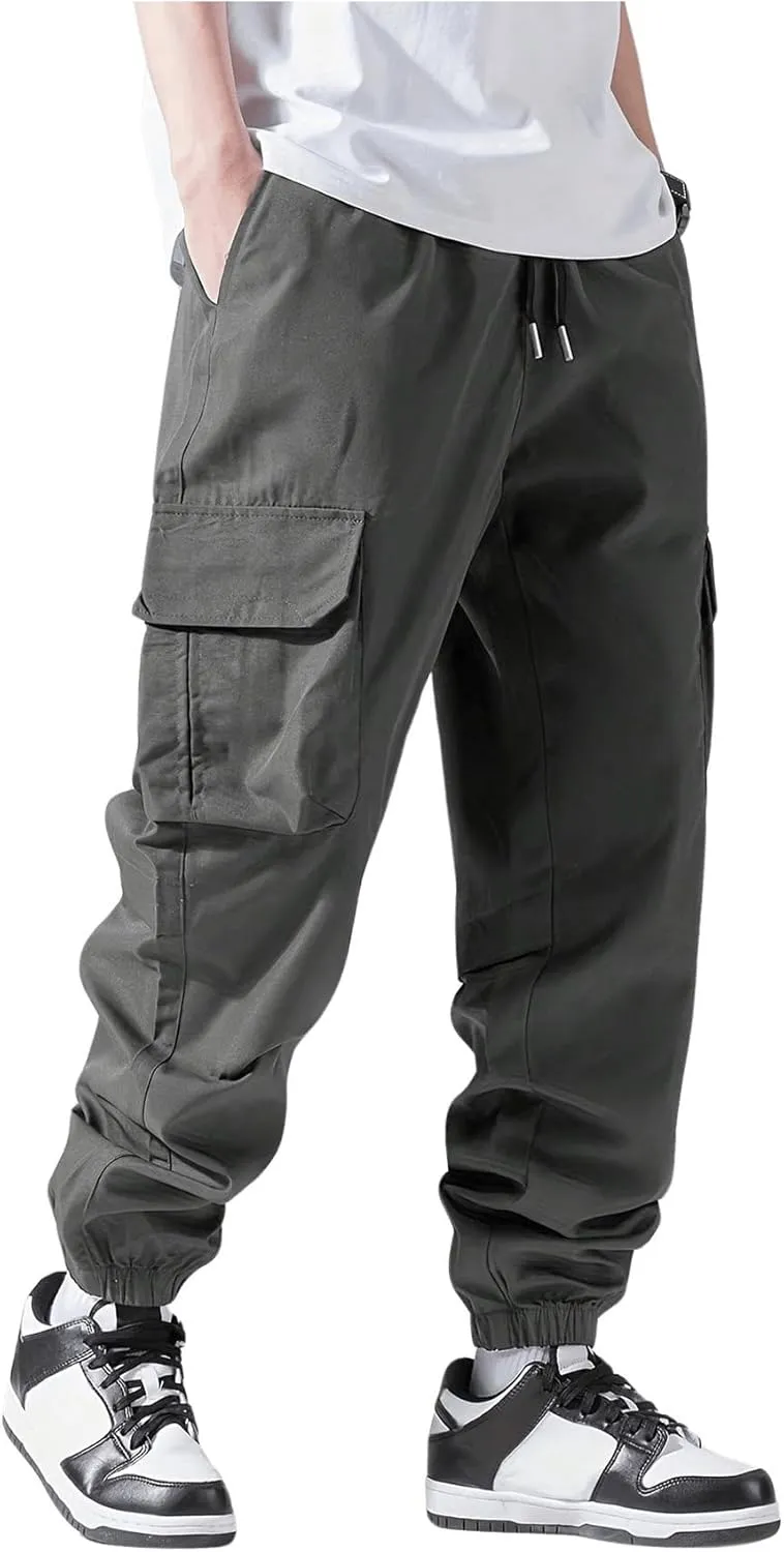 Verdusa Men's Cargo Pants Elastic Wasit Workout Joggers Tactical Pro Club Sweat Bottoms with Pockets