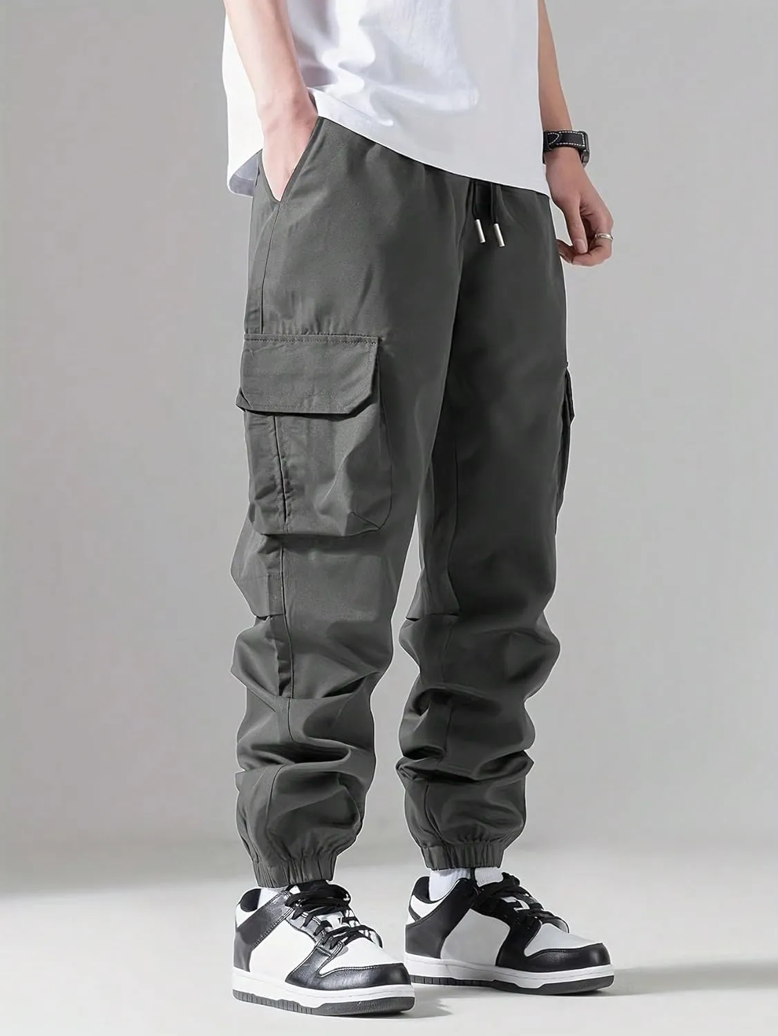 Verdusa Men's Cargo Pants Elastic Wasit Workout Joggers Tactical Pro Club Sweat Bottoms with Pockets