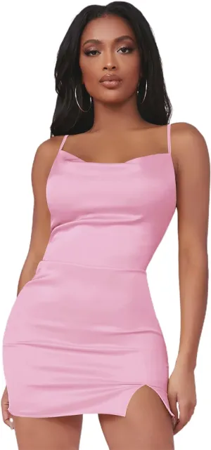 Verdusa Women's Split Hem Cowl Neck Spaghetti Strap Satin Cami Bodycon Mini Dress