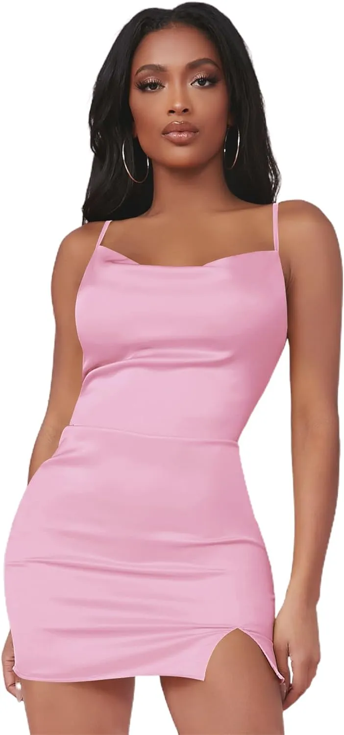 Verdusa Women's Split Hem Cowl Neck Spaghetti Strap Satin Cami Bodycon Mini Dress