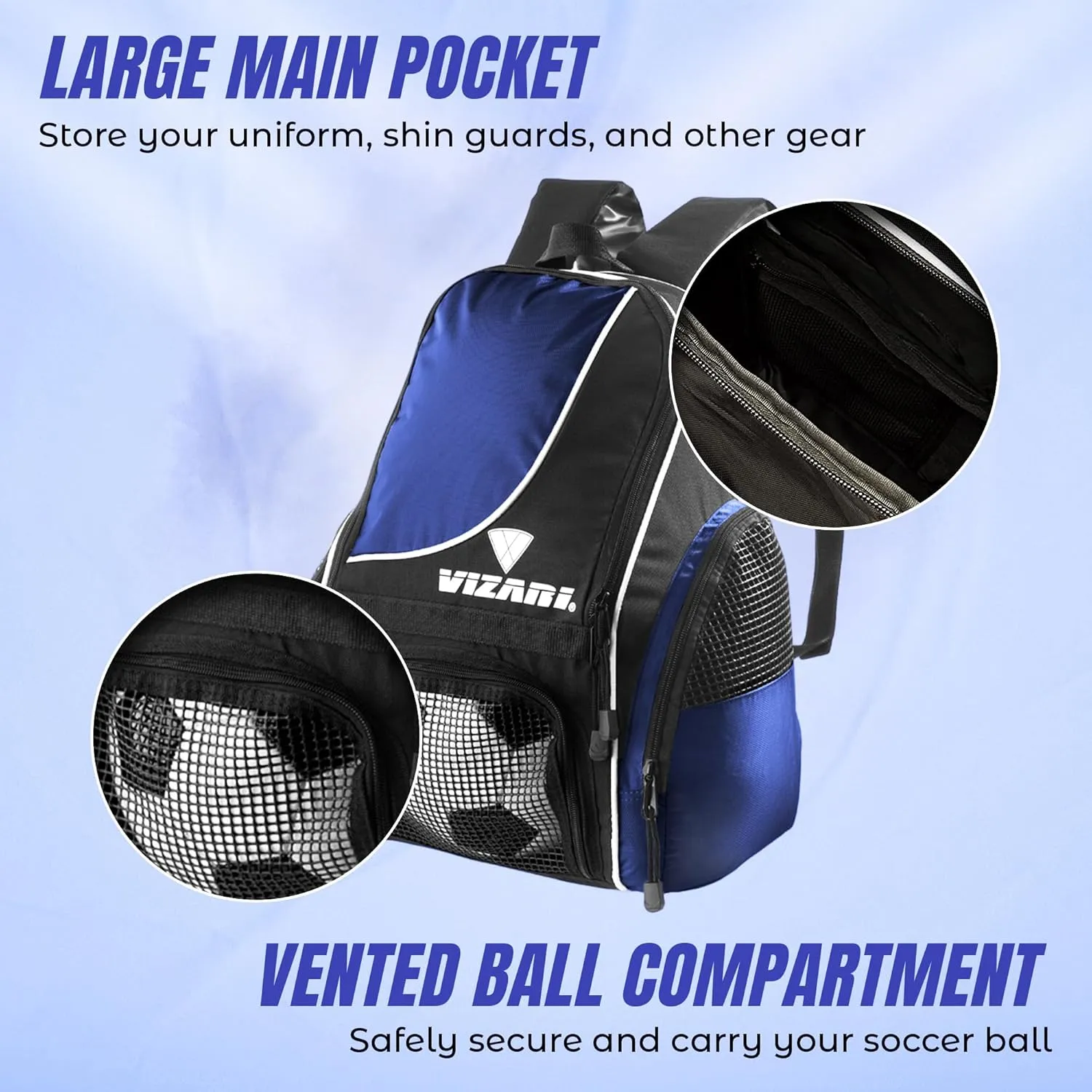 Vizari Solano Soccer Backpack With Ball Compartment and Vented Ball Pocket and Mesh Side Cargo Pockets for Adults and Teens