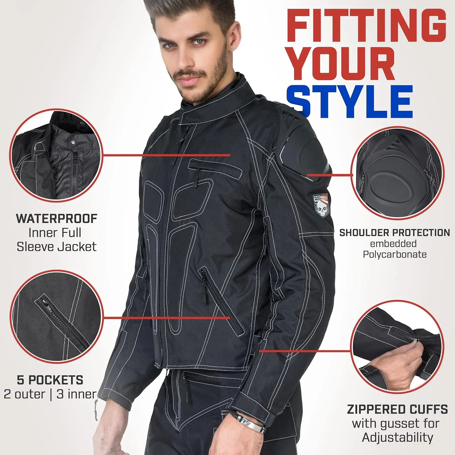 WICKED STOCK Motorcycle Jacket for Men Motorbike Powersport Riding Gear Dirt Bike Racing Adventure Biker Jackets