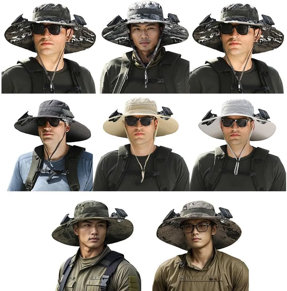 Wide Brim Solar Fan Outdoor Fishing Hat, with 2 Solar Fan Sun Bucket Hat, for Men Women UPF 50  Waterproof Breathable