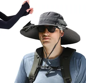 Wide Brim Solar Fan Outdoor Fishing Hat, with 2 Solar Fan Sun Bucket Hat, for Men Women UPF 50  Waterproof Breathable