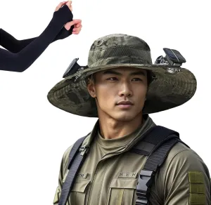 Wide Brim Solar Fan Outdoor Fishing Hat, with 2 Solar Fan Sun Bucket Hat, for Men Women UPF 50  Waterproof Breathable