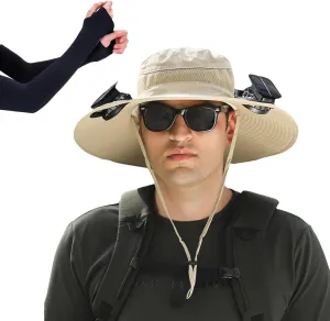 Wide Brim Solar Fan Outdoor Fishing Hat, with 2 Solar Fan Sun Bucket Hat, for Men Women UPF 50  Waterproof Breathable