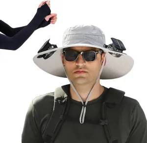 Wide Brim Solar Fan Outdoor Fishing Hat, with 2 Solar Fan Sun Bucket Hat, for Men Women UPF 50  Waterproof Breathable