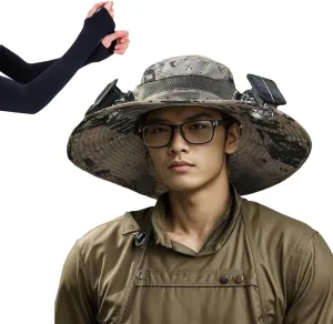 Wide Brim Solar Fan Outdoor Fishing Hat, with 2 Solar Fan Sun Bucket Hat, for Men Women UPF 50  Waterproof Breathable