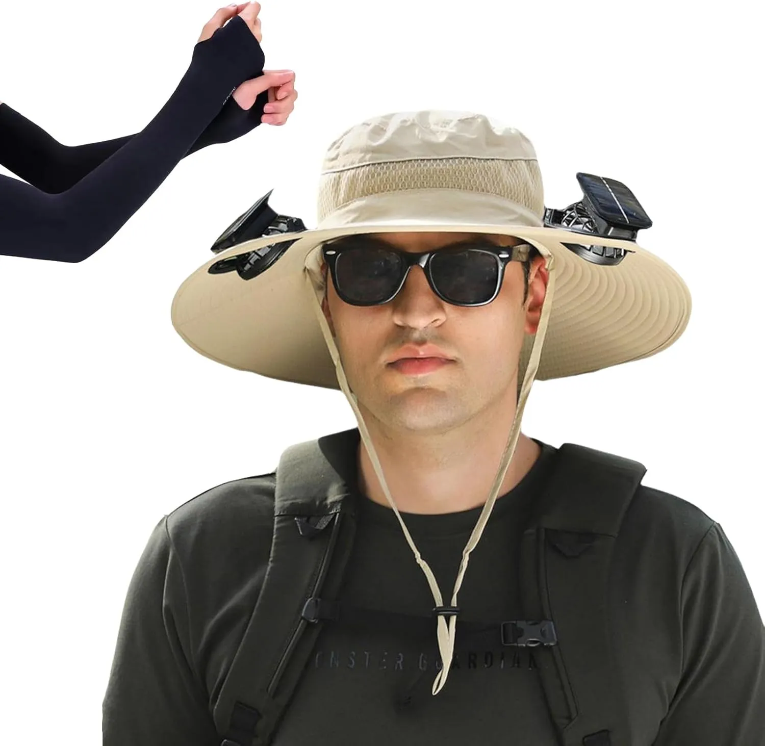 Wide Brim Solar Fan Outdoor Fishing Hat, with 2 Solar Fan Sun Bucket Hat, for Men Women UPF 50  Waterproof Breathable