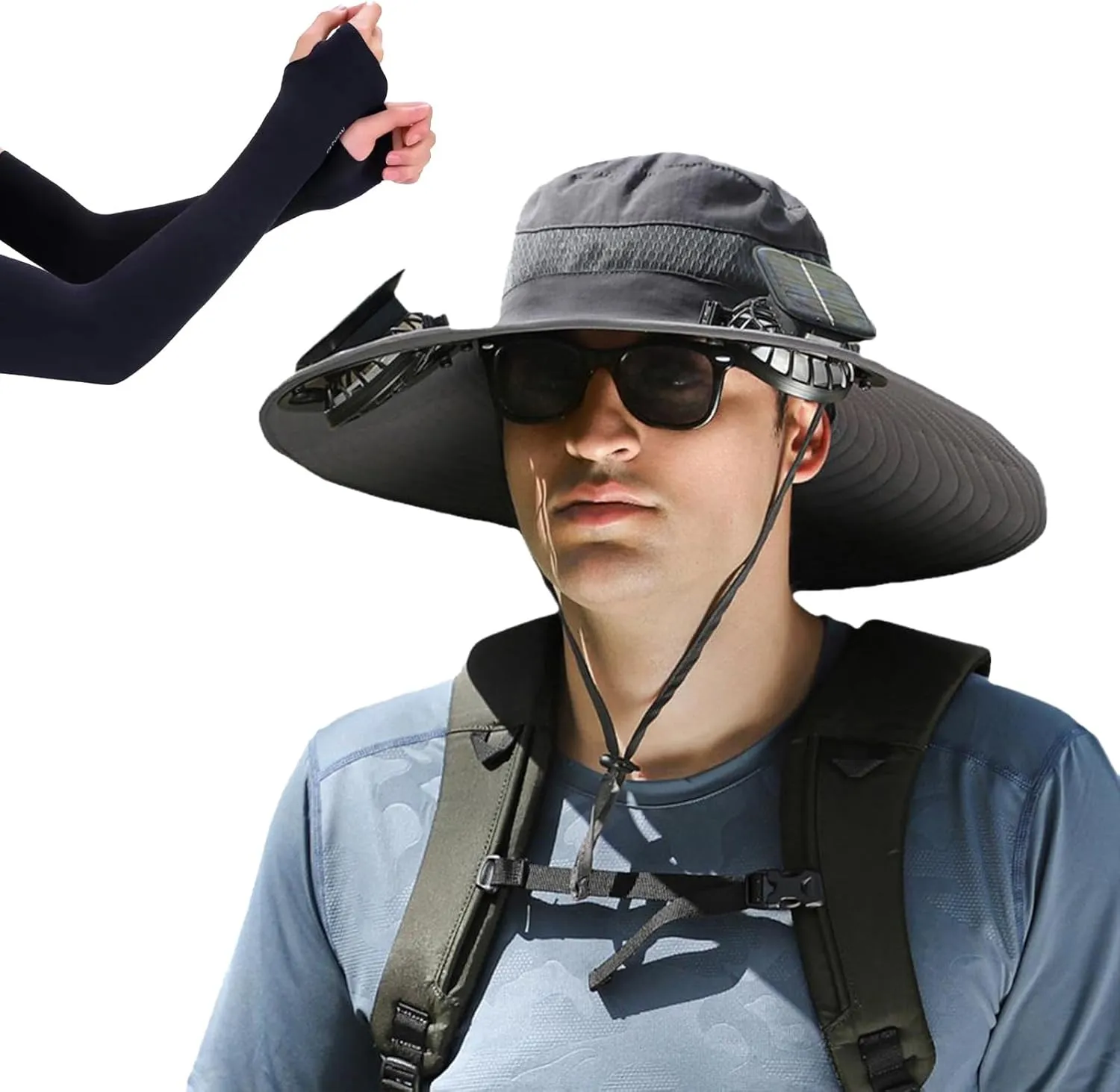Wide Brim Solar Fan Outdoor Fishing Hat, with 2 Solar Fan Sun Bucket Hat, for Men Women UPF 50  Waterproof Breathable