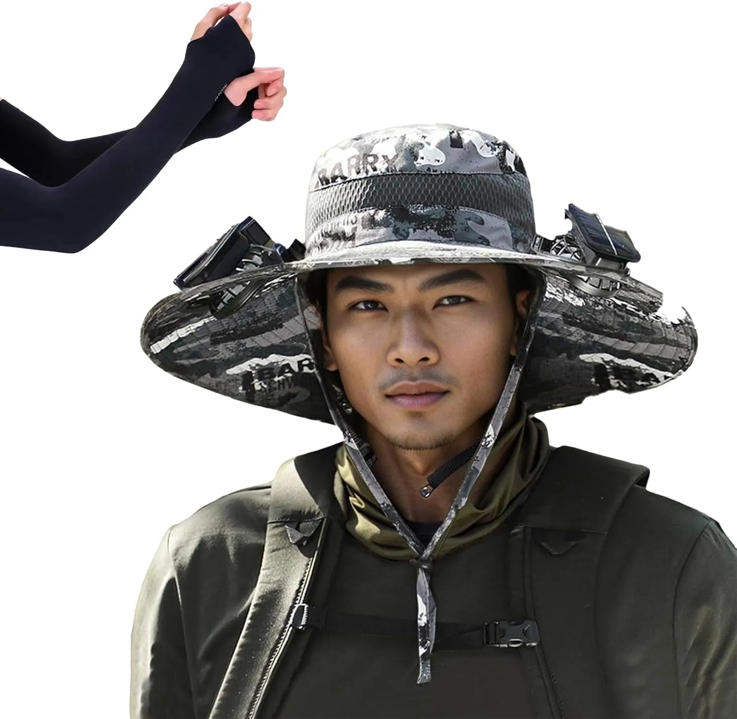 Wide Brim Solar Fan Outdoor Fishing Hat, with 2 Solar Fan Sun Bucket Hat, for Men Women UPF 50  Waterproof Breathable