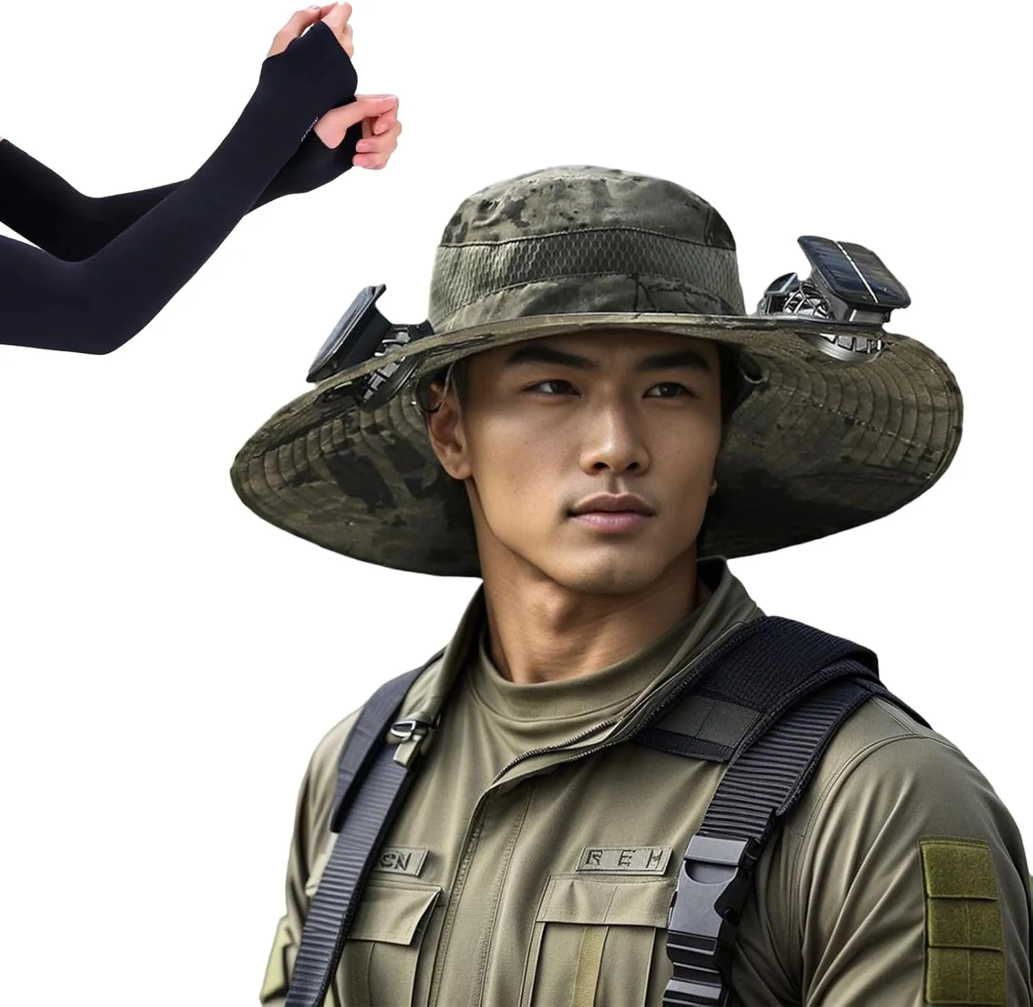 Wide Brim Solar Fan Outdoor Fishing Hat, with 2 Solar Fan Sun Bucket Hat, for Men Women UPF 50  Waterproof Breathable