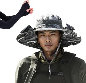 Wide Brim Solar Fan Outdoor Fishing Hat, with 2 Solar Fan Sun Bucket Hat, for Men Women UPF 50  Waterproof Breathable