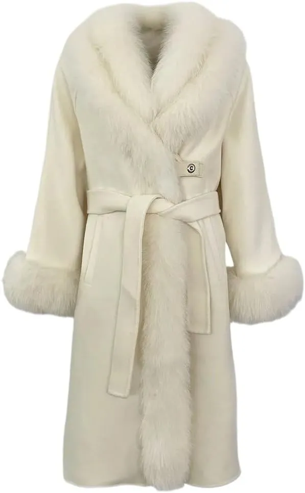 Winter Jacket Natural Real Big Fox Fur Collar Belts Long Thick Warm Wool Blends Coat Women Outerwear Streetwear (Medium,Beige)