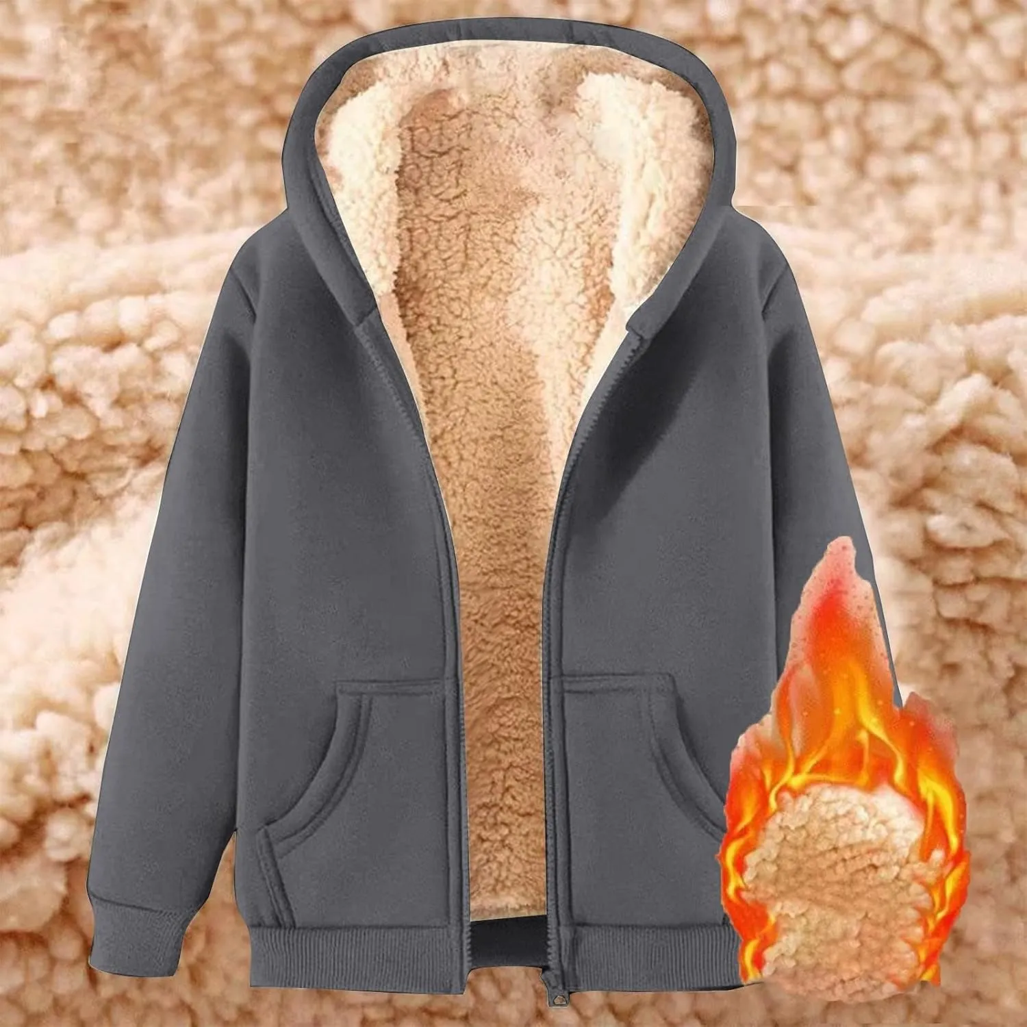 Winter Jackets for Men Fleece Lined Full Zip Hoodies Sweatshirts Trendy Loose Fit Sherpa Cardigan Coat with Pockets
