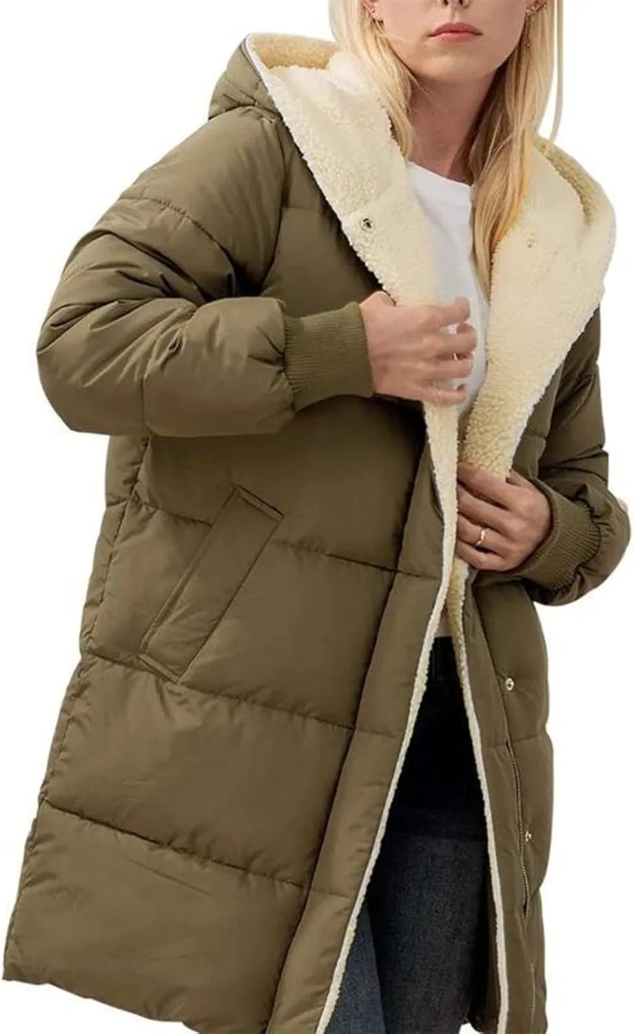 Women 2024 Winter Sherpa Lined Long Hooded Jackets Long Sleeve Button Down Shearling Fluffy Coats Trendy Outerwear
