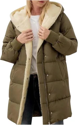 Women 2024 Winter Sherpa Lined Long Hooded Jackets Long Sleeve Button Down Shearling Fluffy Coats Trendy Outerwear