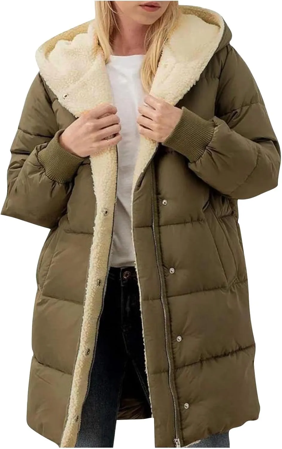 Women 2024 Winter Sherpa Lined Long Hooded Jackets Long Sleeve Button Down Shearling Fluffy Coats Trendy Outerwear