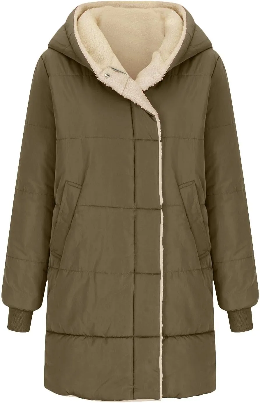 Women 2024 Winter Sherpa Lined Long Hooded Jackets Long Sleeve Button Down Shearling Fluffy Coats Trendy Outerwear