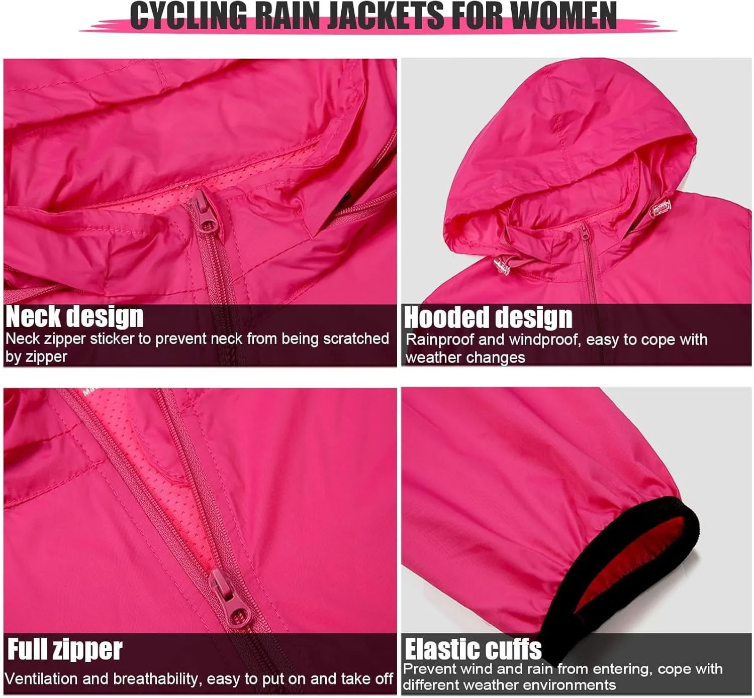 Women Breathable Cycling Rain Jackets, Full-Length Zipper High Visibility long sleeve