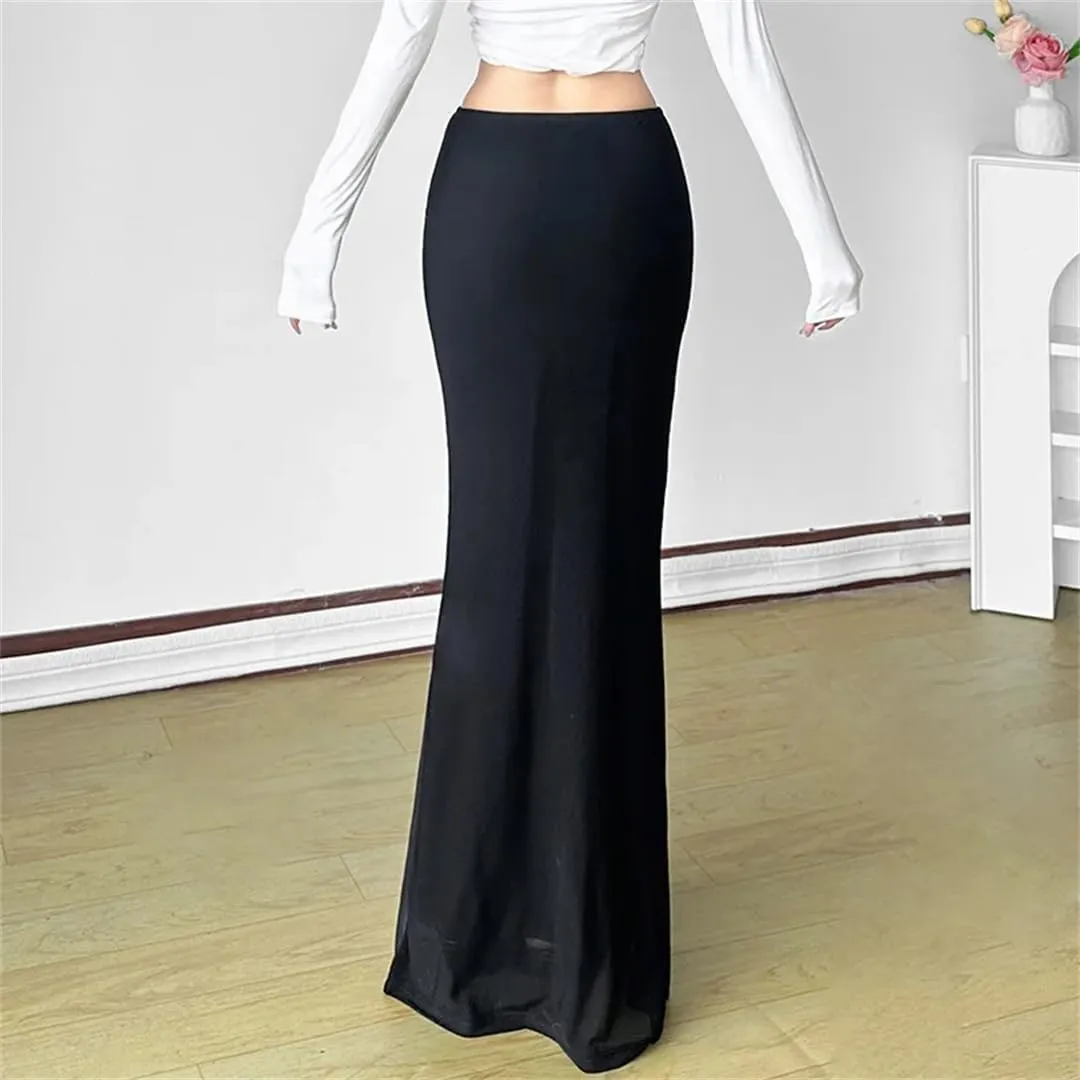 Women Elegant Print A-Line Skirts Mesh Patchwork Package Hip Long Skirt Y2K Fairy Bottoms