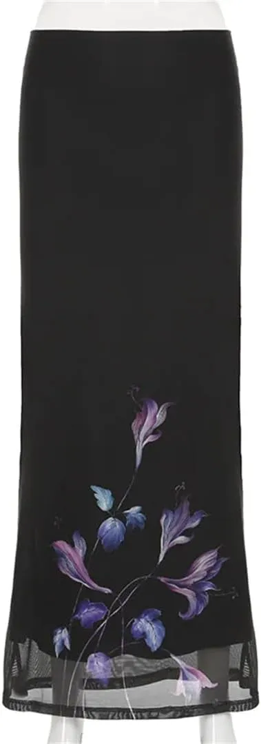 Women Elegant Print A-Line Skirts Mesh Patchwork Package Hip Long Skirt Y2K Fairy Bottoms