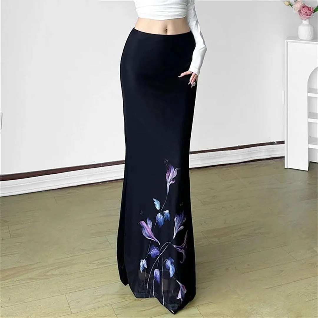 Women Elegant Print A-Line Skirts Mesh Patchwork Package Hip Long Skirt Y2K Fairy Bottoms