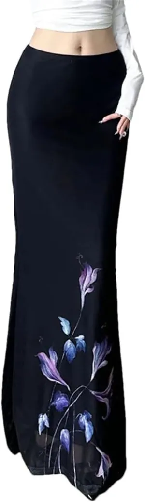 Women Elegant Print A-Line Skirts Mesh Patchwork Package Hip Long Skirt Y2K Fairy Bottoms