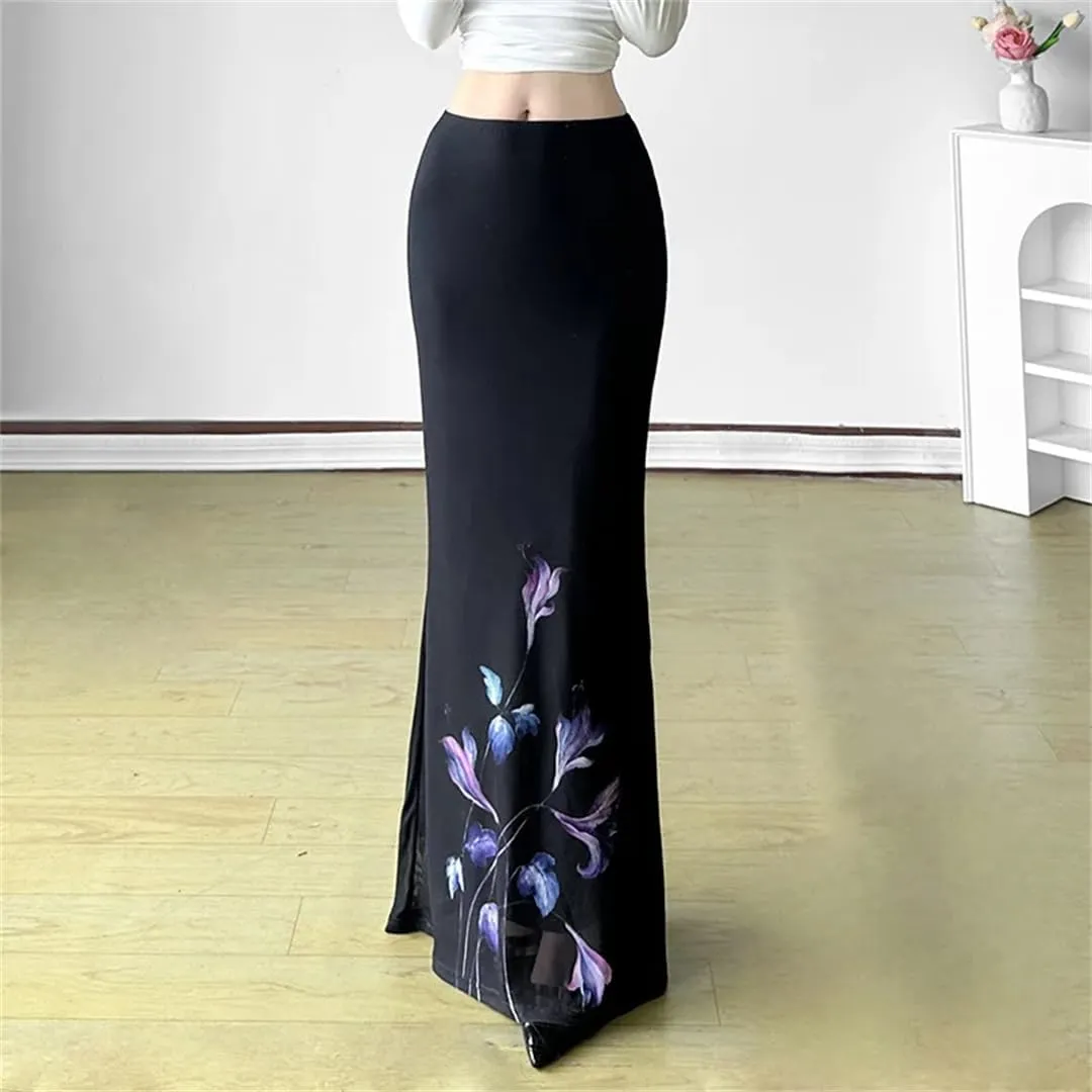 Women Elegant Print A-Line Skirts Mesh Patchwork Package Hip Long Skirt Y2K Fairy Bottoms