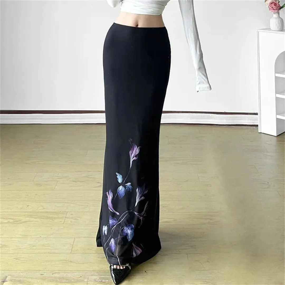 Women Elegant Print A-Line Skirts Mesh Patchwork Package Hip Long Skirt Y2K Fairy Bottoms