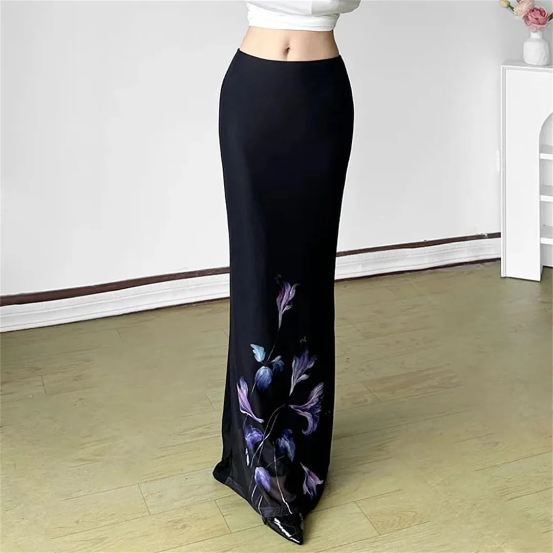 Women Elegant Print A-Line Skirts Mesh Patchwork Package Hip Long Skirt Y2K Fairy Bottoms