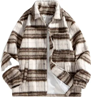 Women Fleece Shacket Jacket Casual Plaid Long Sleeve Button Down Shirts Jackets Wool Blend Coats Fall Outerwear 2024