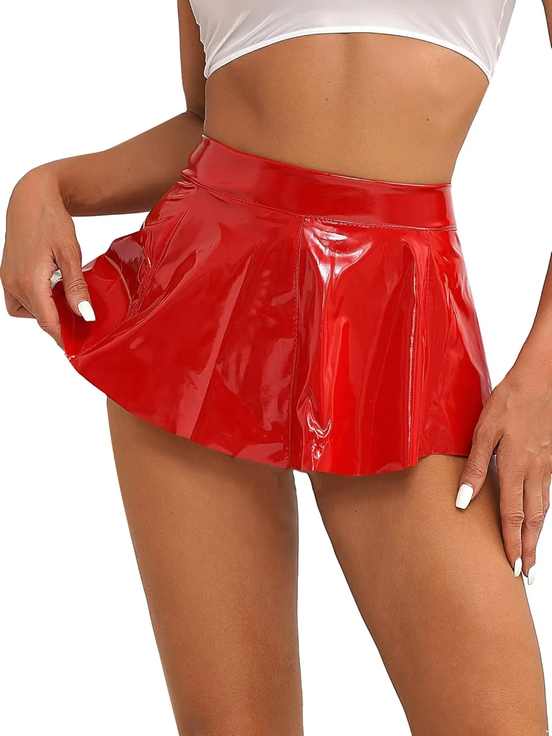 Women Latex Faux Leather Miniskirt for Clubwear Zipper High-Waisted Pleated Short Skirts
