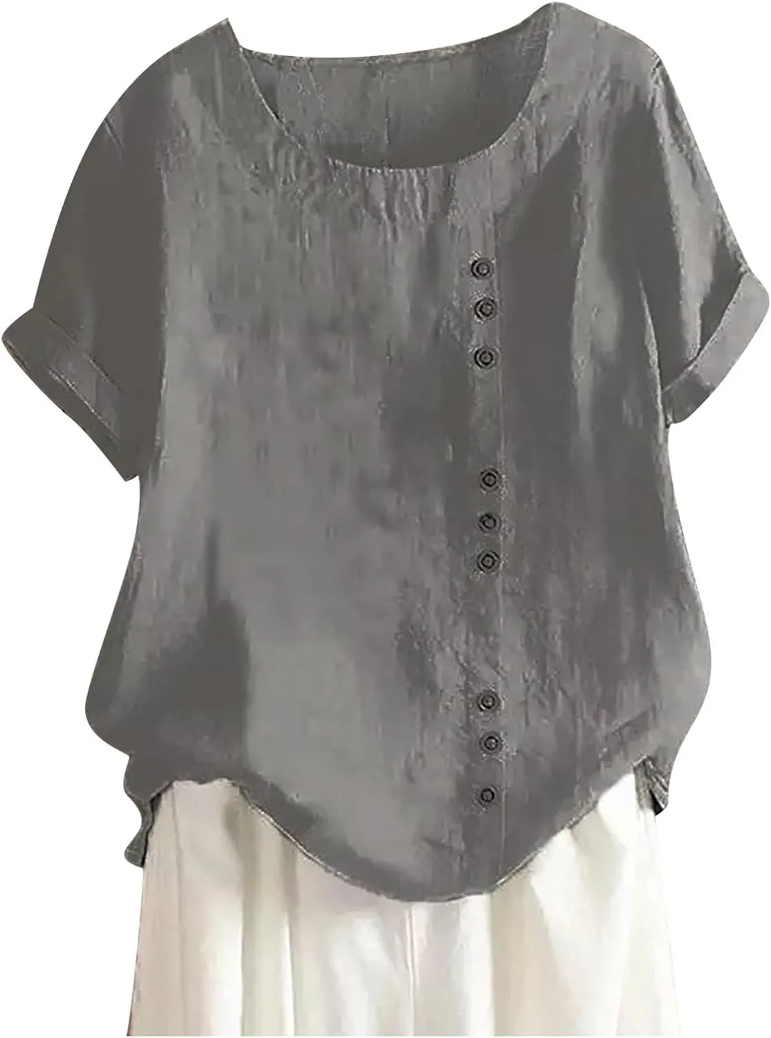 Women Linen Shirts V Neck Button Down Blouse Boho Oversized Tshirt Short Sleeve Loose Fit Tunic Top