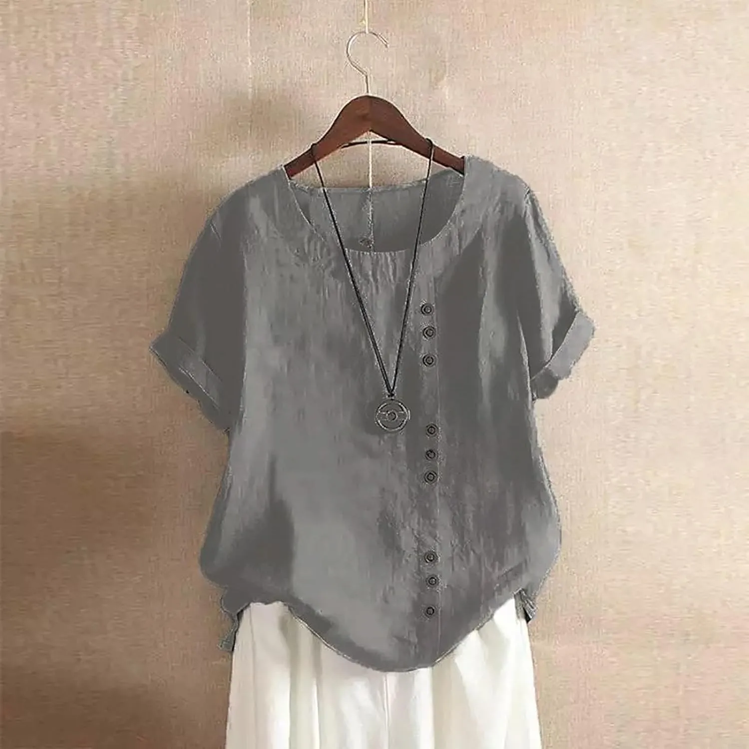 Women Linen Shirts V Neck Button Down Blouse Boho Oversized Tshirt Short Sleeve Loose Fit Tunic Top