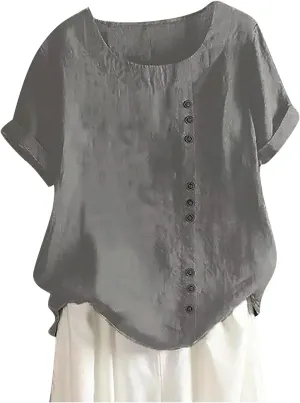 Women Linen Shirts V Neck Button Down Blouse Boho Oversized Tshirt Short Sleeve Loose Fit Tunic Top