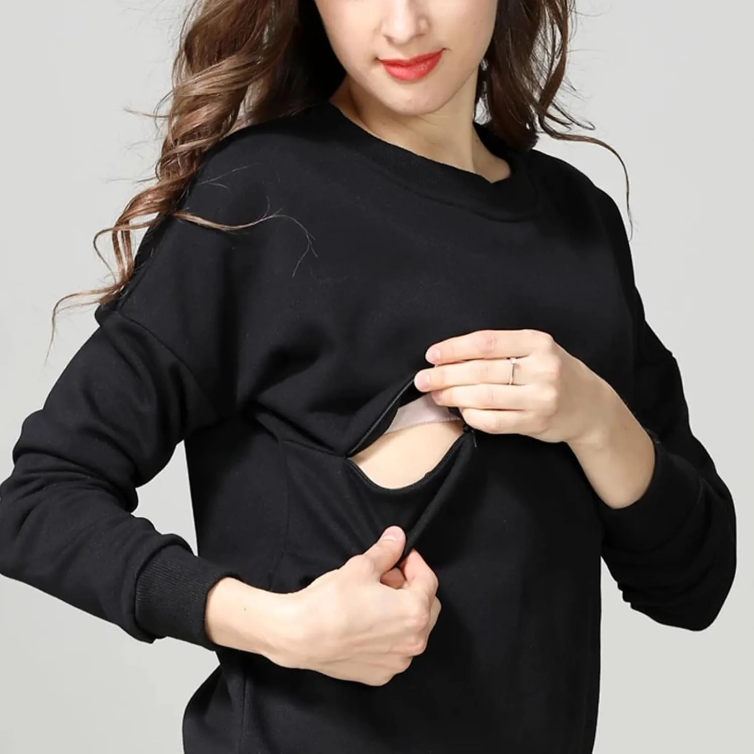Women Maternity Nursing Shirts Long Sleeve Comfy Breastfeeding Tops Crewneck Zipper Sweatshirt Pregnancy Clothes