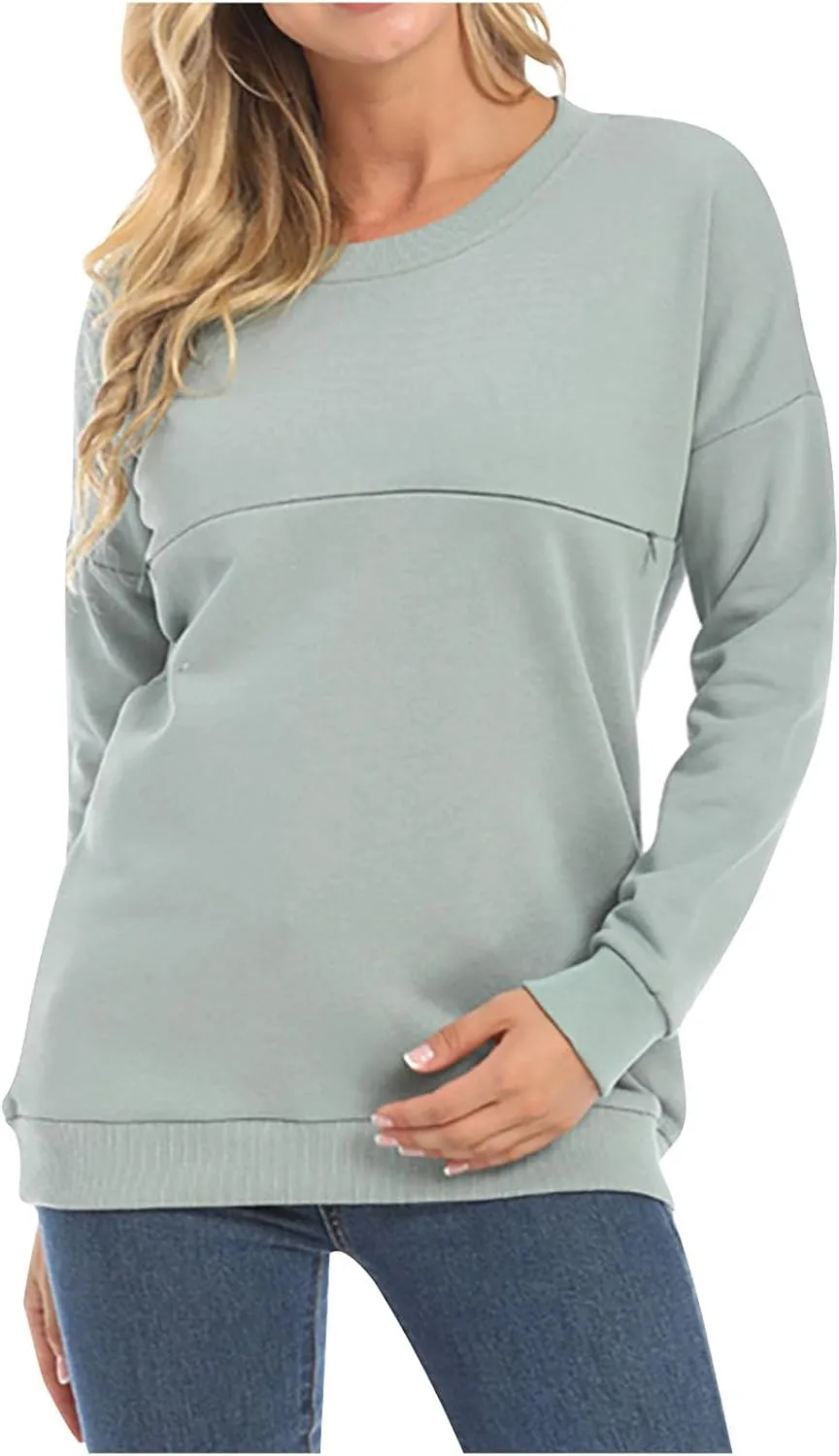 Women Maternity Nursing Shirts Long Sleeve Comfy Breastfeeding Tops Crewneck Zipper Sweatshirt Pregnancy Clothes