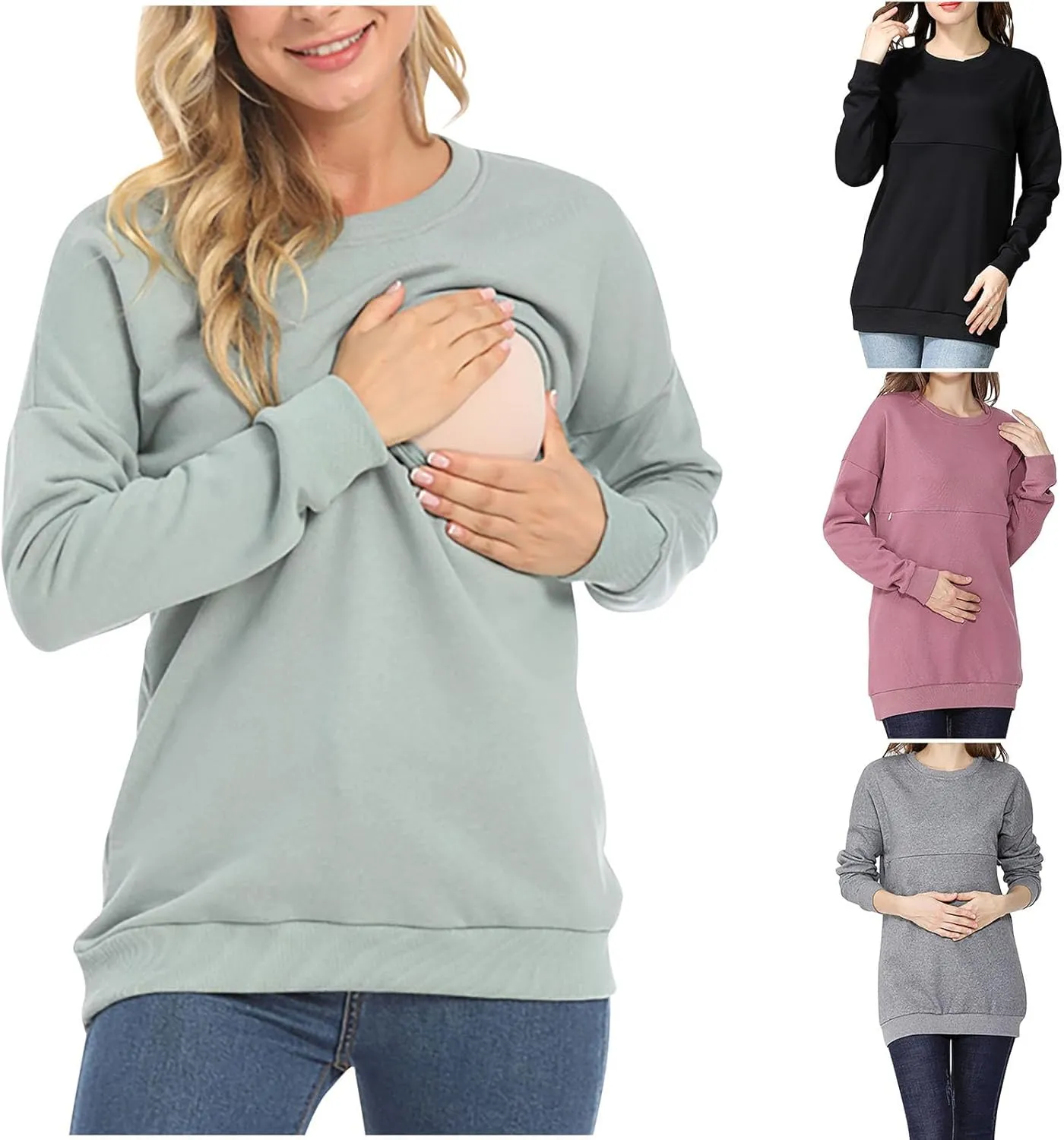 Women Maternity Nursing Shirts Long Sleeve Comfy Breastfeeding Tops Crewneck Zipper Sweatshirt Pregnancy Clothes