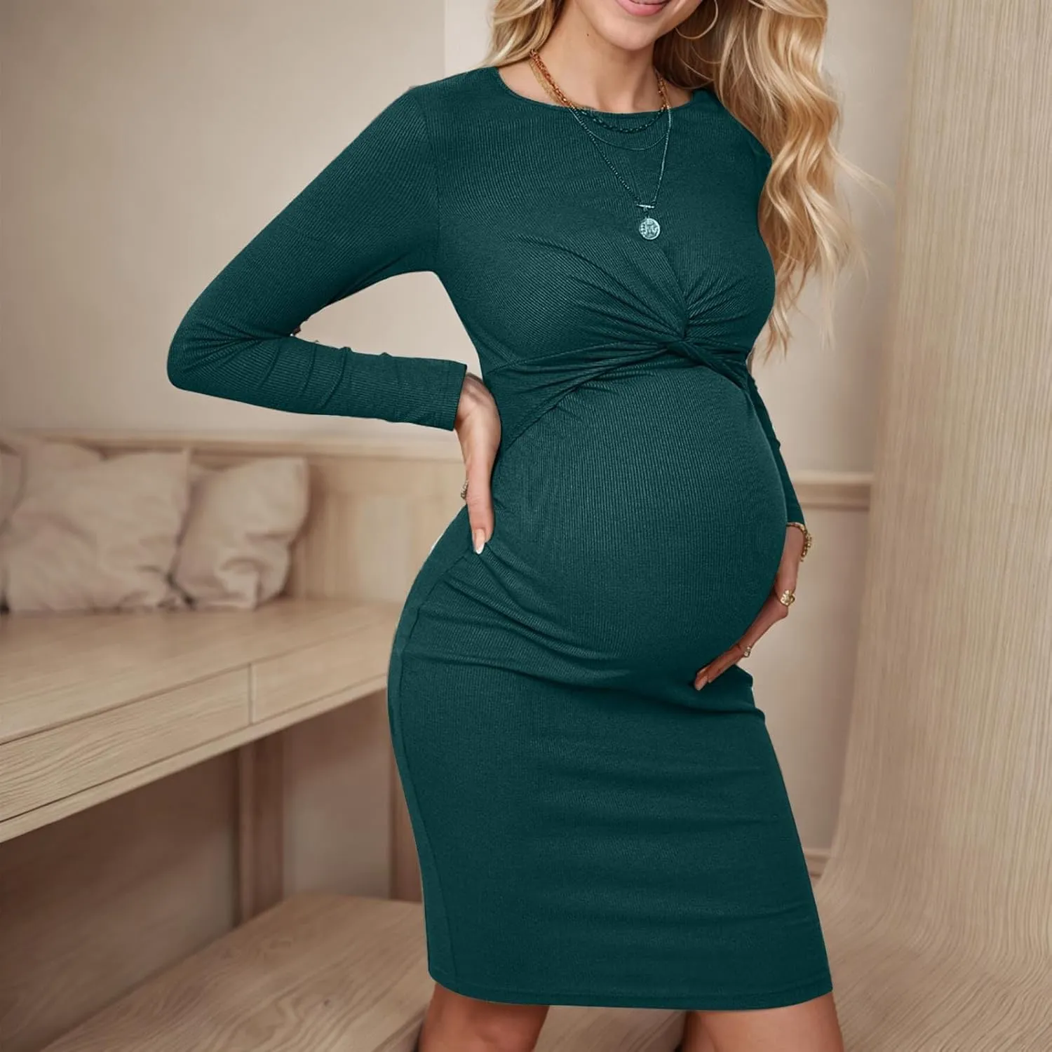 Women Maternity Twist Front Bodycon Long Sleeve Round Neck Pencil Dress Textured Knit Pregnancy Dresses 2025 Trendy