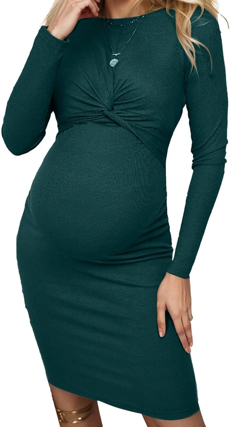 Women Maternity Twist Front Bodycon Long Sleeve Round Neck Pencil Dress Textured Knit Pregnancy Dresses 2025 Trendy