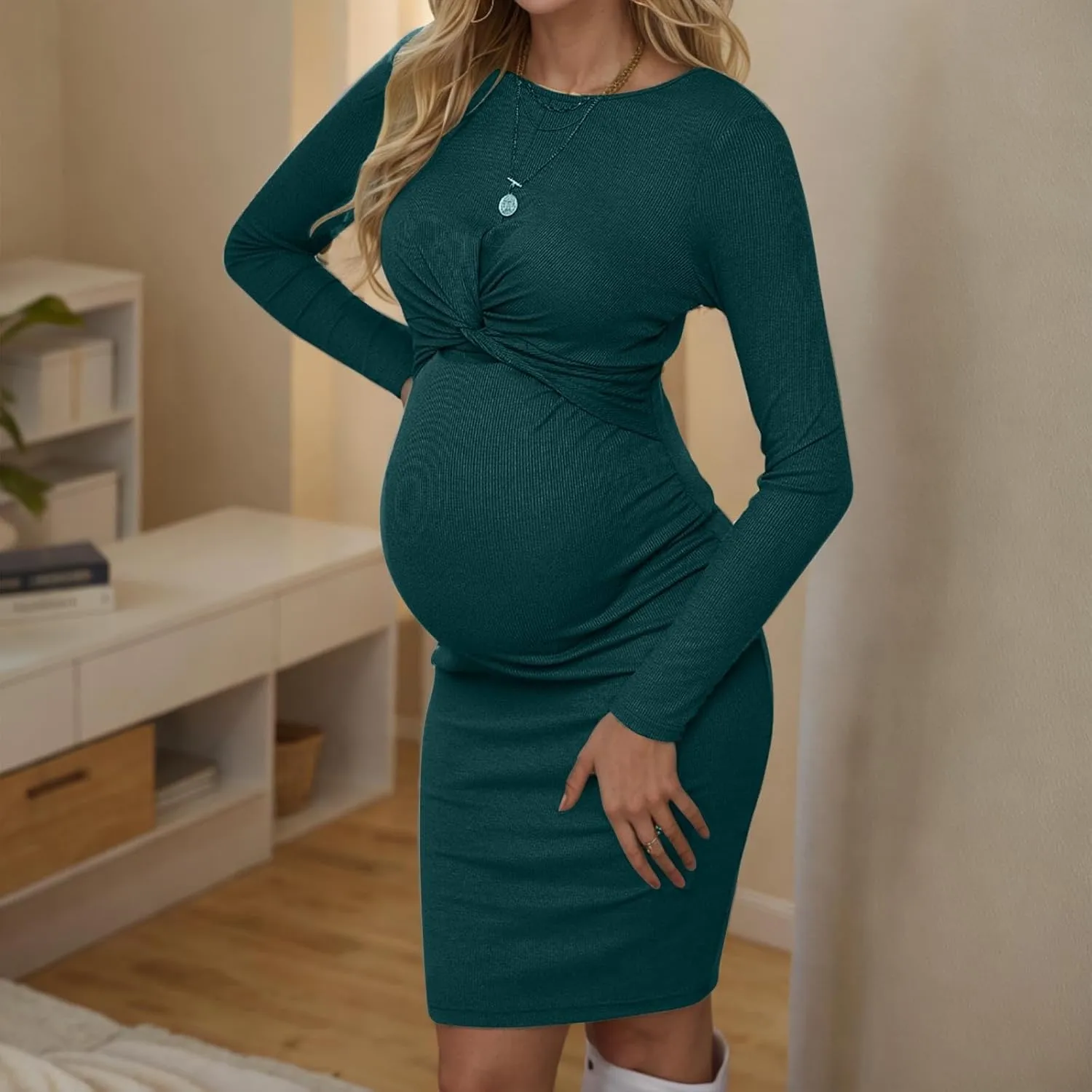 Women Maternity Twist Front Bodycon Long Sleeve Round Neck Pencil Dress Textured Knit Pregnancy Dresses 2025 Trendy