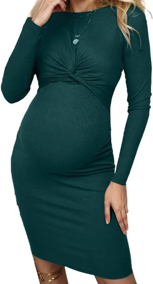 Women Maternity Twist Front Bodycon Long Sleeve Round Neck Pencil Dress Textured Knit Pregnancy Dresses 2025 Trendy