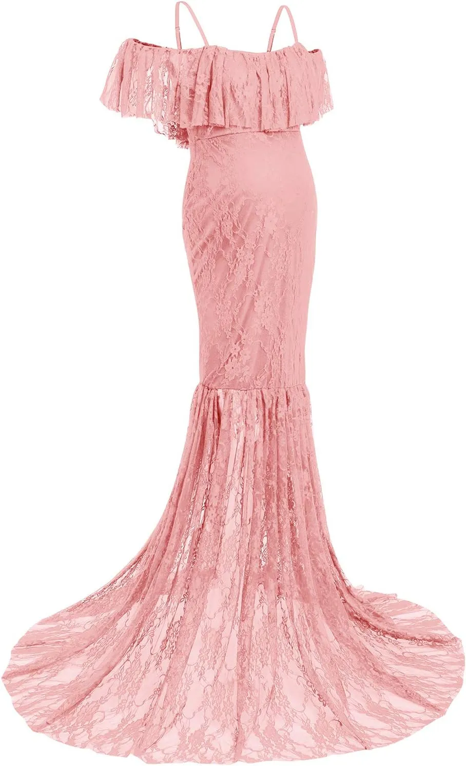 Women Spaghetti Strap Ruffle Floral Lace Maternity Dress for Photography Mermaid Off Shoulder Maternity Dress for Baby Shower