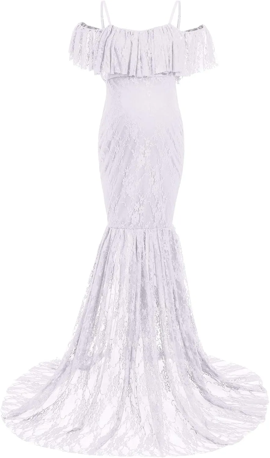 Women Spaghetti Strap Ruffle Floral Lace Maternity Dress for Photography Mermaid Off Shoulder Maternity Dress for Baby Shower